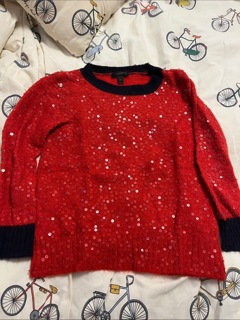 J. Crew Red Sequin Crewneck Sweater with Black Trim